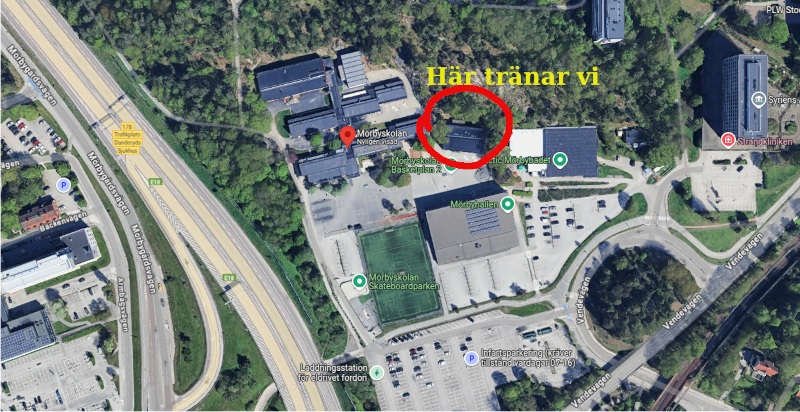 Karta som visar var vi tränar i Danderyd på Mörbyskolan